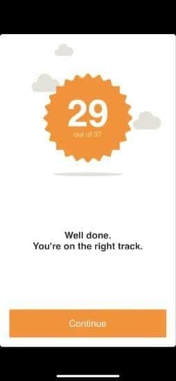  Screenshot of a badge indicating a person has received 29 out of 37 points for a quiz.