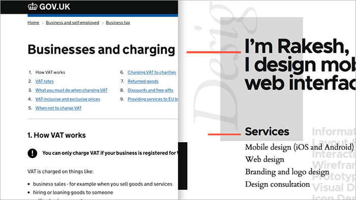 Left: Gov.UK web page showing VAT tax information 
Right: Designer's website showing the services he provides
