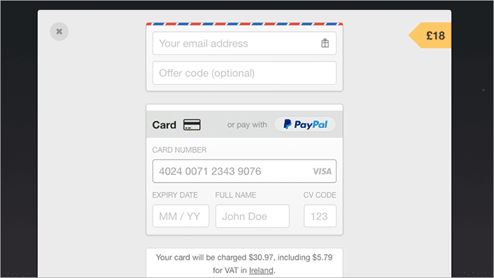  Web page to enter credit card payment details