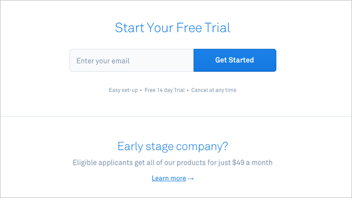 Webpage with call-to-action for Start your Free Trial and entry box to enter email 