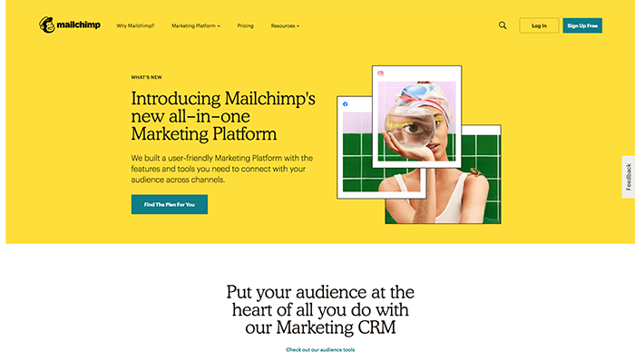 Mailchimp's e-commerce landing page uses an accessible brand voice that is consistent with its communications for email marketing services.