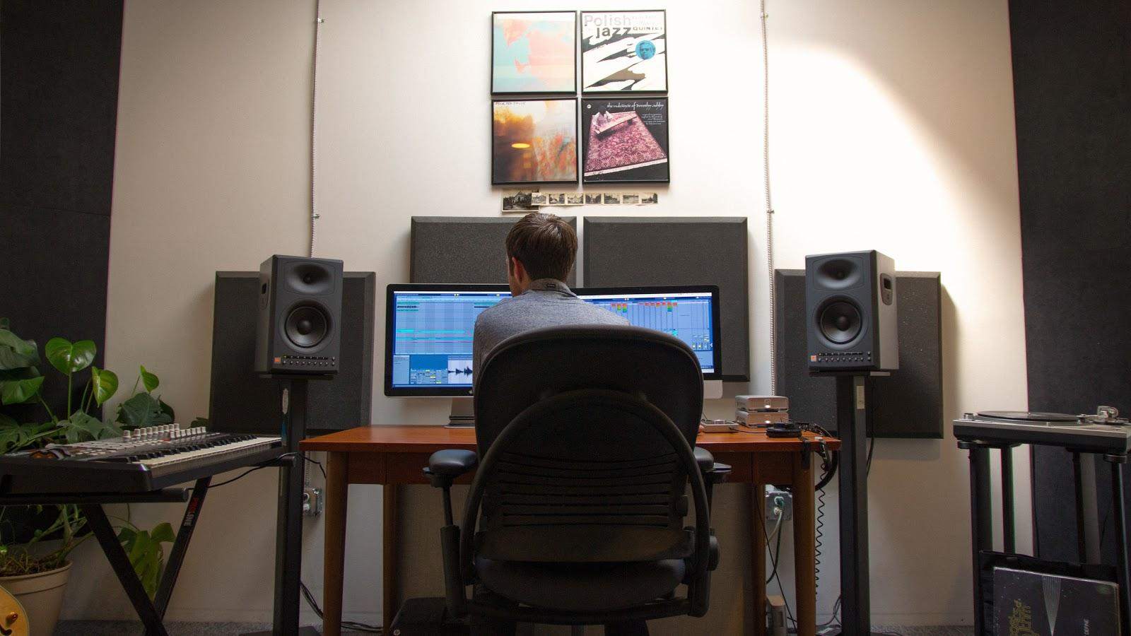 Connor Moore at work in his sound design studio.