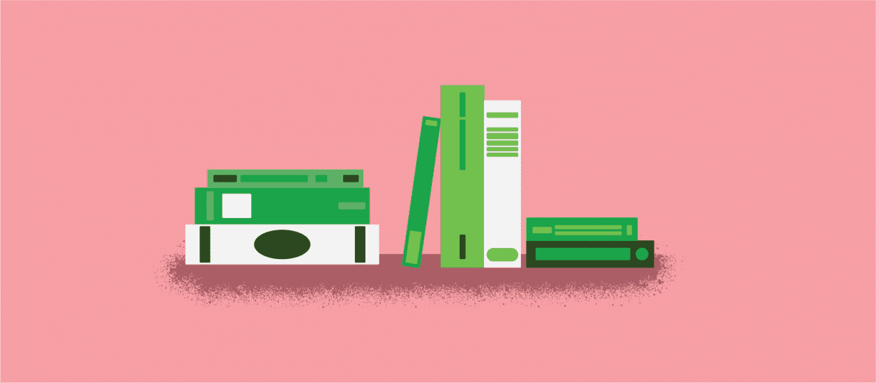 Illustration with a pink background and green books