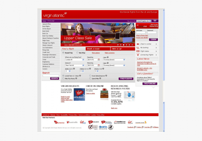 One of the first iterations of Virgin Atlantic's website homepage.