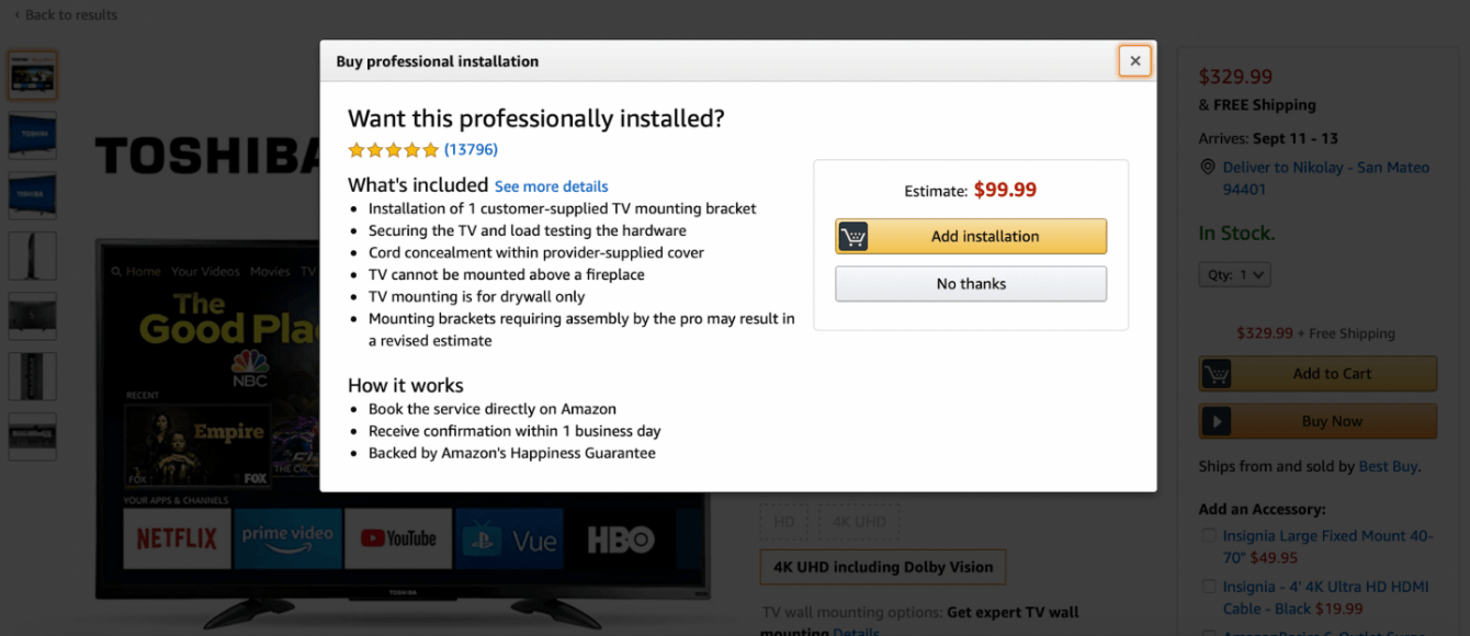 A screenshot of an installation purchase on Amazon