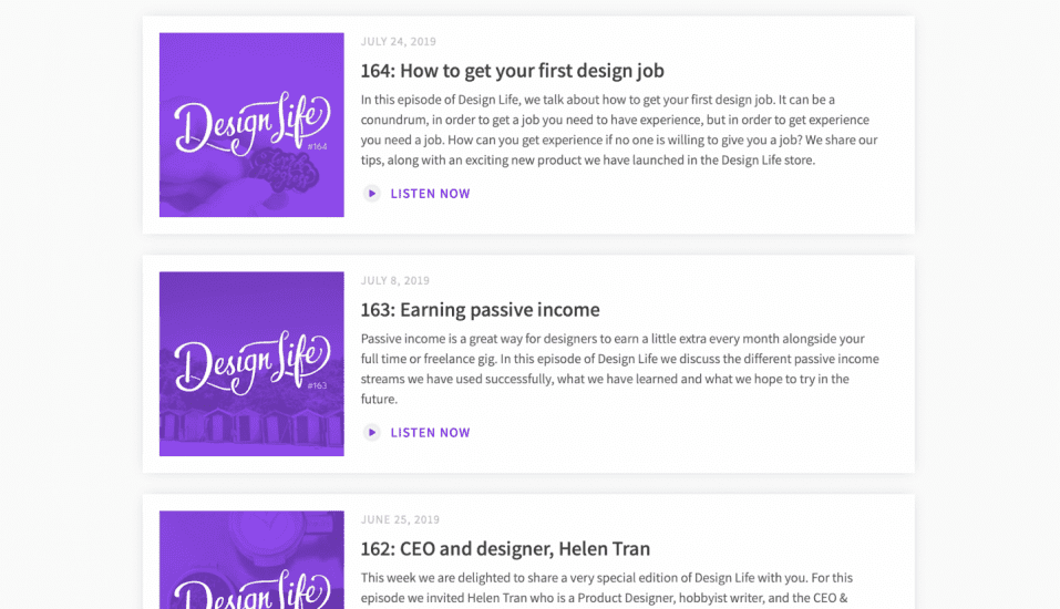 Three sample descriptions of podcasts from Design Life
