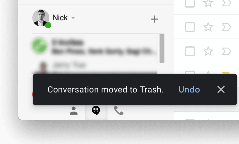 A sceenshot of a Google Hangouts chat moving to trash