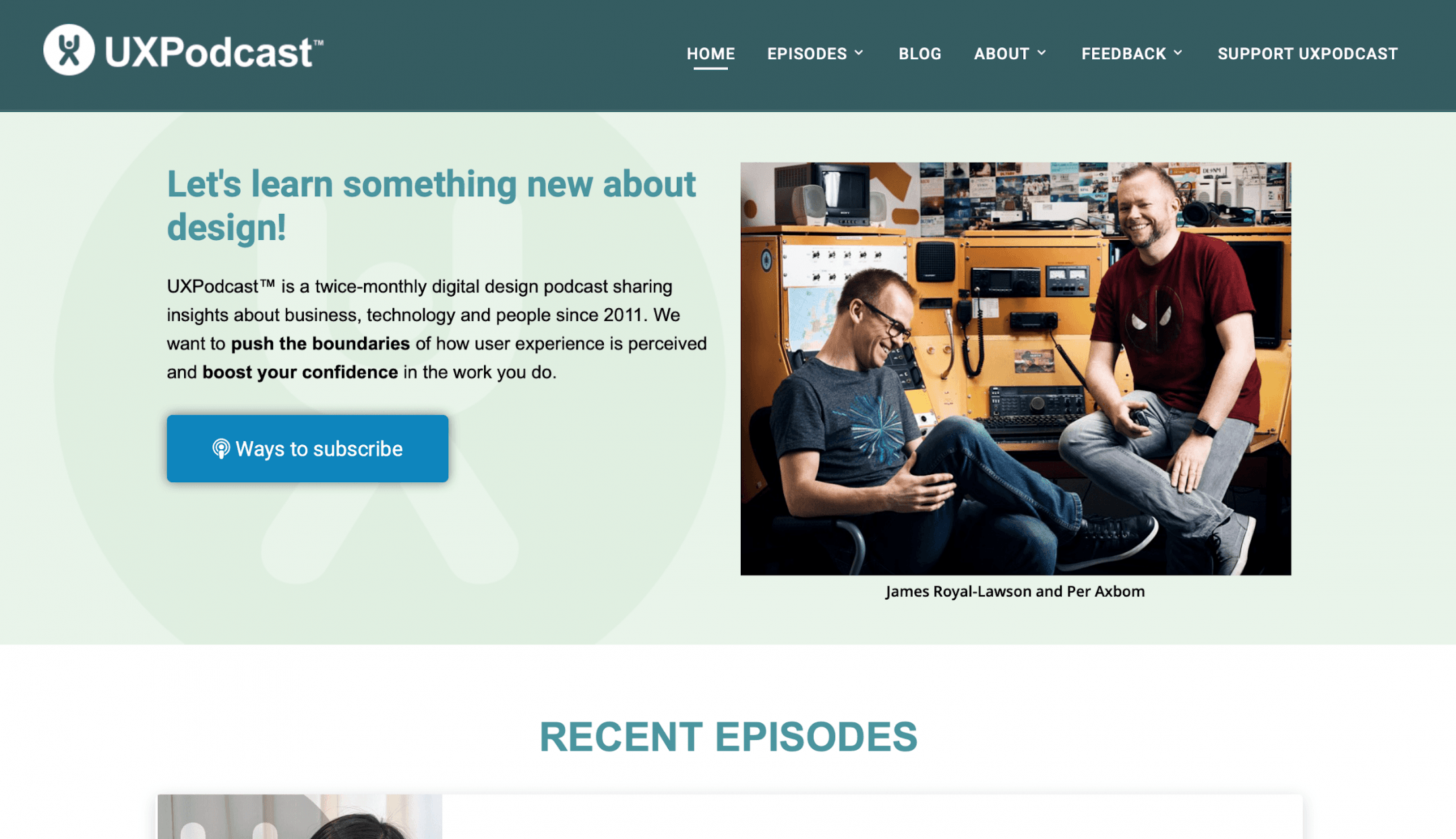 A screenshot of the UXPodcast homepage