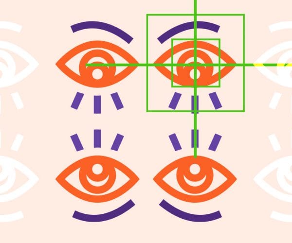 Illustration of four eyes with a square box around one eye.