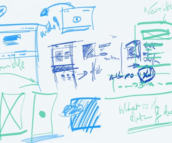 Blue and green colored diagrams of different screens sketched on a whiteboard.