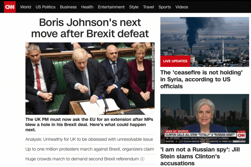 CNN's homepage shows content grouped by categories such as World, US Politics, Business, Health, etc.