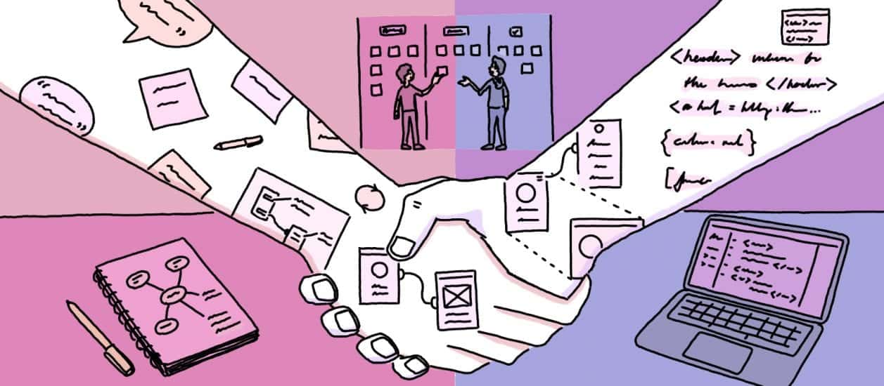 An illustration depicting the arm of design and the arm of development shaking hands in collaboration.