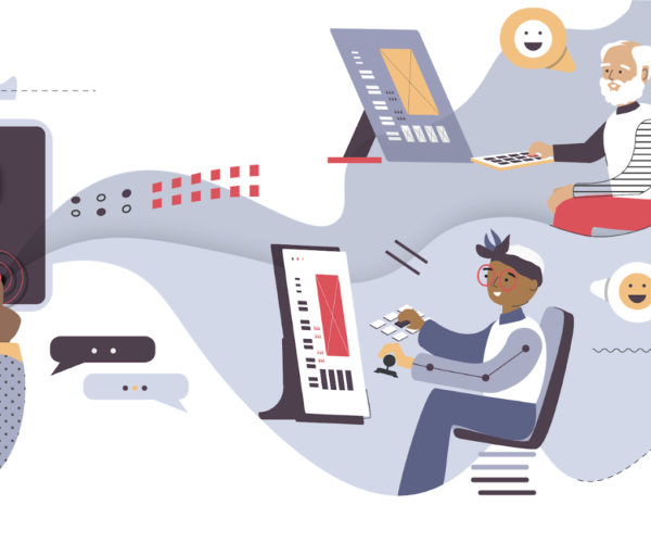 Illustration depicting the role of design systems in supporting users using assistive devices and keyboard triggers to interact with interfaces.