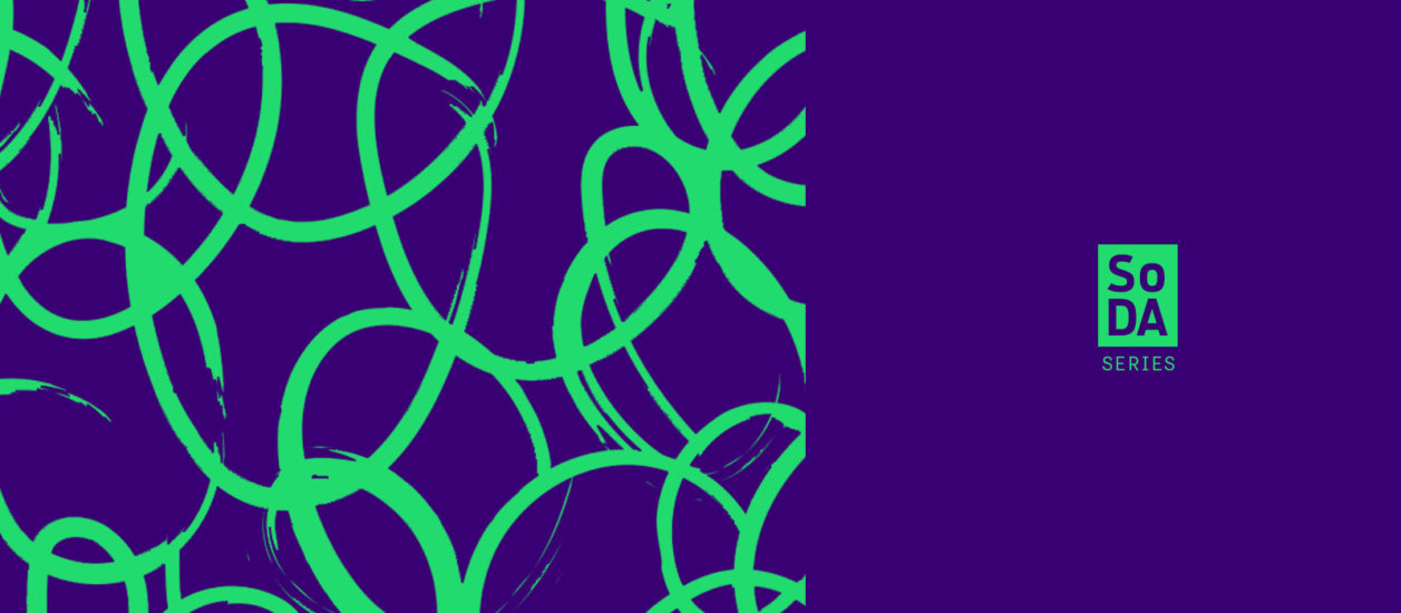 An abstract image of green circular squiggles on a blue background