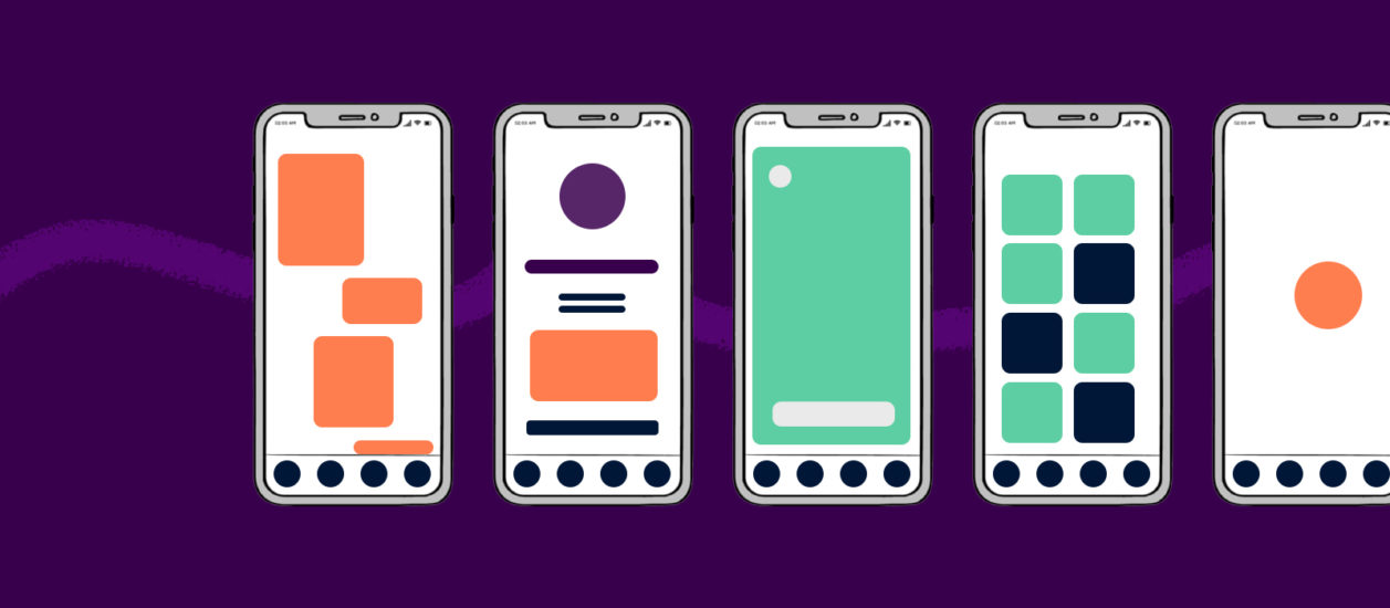 A series of illustrated mobile app wireframes with different screen layouts on a purple background.