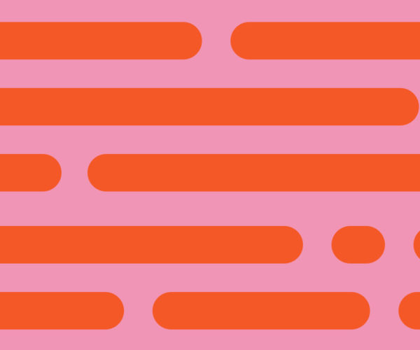 The AIGA logo on a pink and orange dash and dot background pattern.