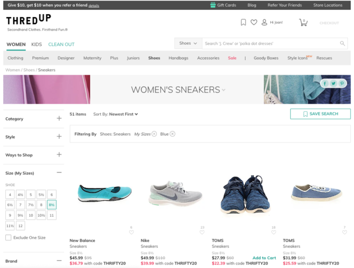 Popular second hand retailer, ThredUp, e-commerce page for shoes