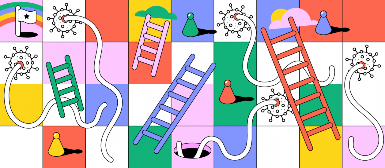 Covid-19 illustration as a popular board game snakes and ladders with fun and bright colors. 