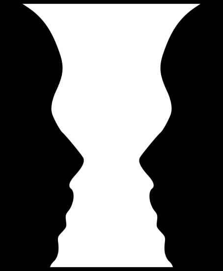 The foreground shows  two profiles in one color. The background between them is another color and looks like a vase. Image credit Wikipedia.