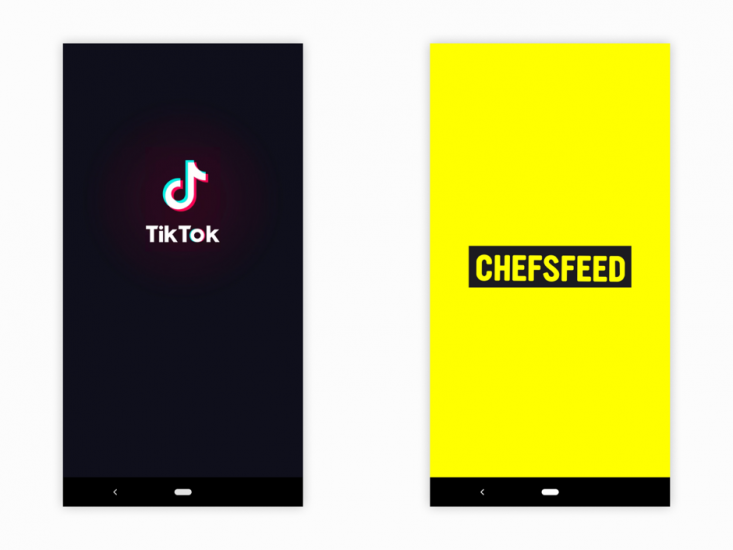 The video messaging TikTok and culinary CHEFSFEED apps both use mobile app splash screens with logos presented prominently on the screen. 