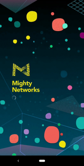 The company Mighty Networks uses a mobile app splash screen with colorful imagery. 
