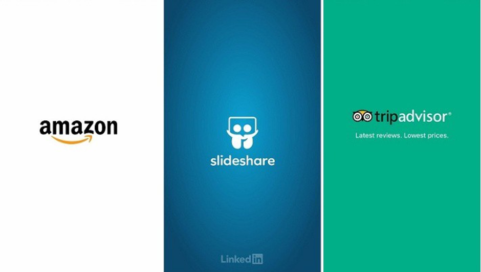 Splash screens for the Amazon, Slideshare, and TripAdvisor mobile apps showcase the brand’s identity. 