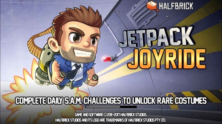 The splash screen for the mobile game Jetpack Joyride engages the user. 