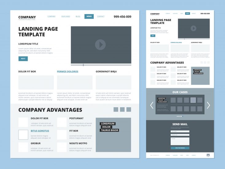 Example of website layout wireframe, including design elements like the footer, header, and navigation. 