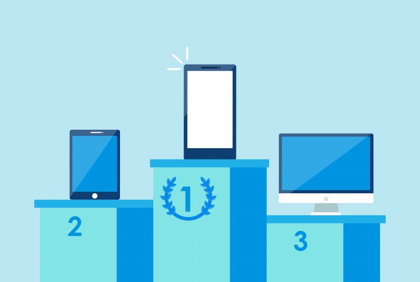 Illustration of three pillars showing first, second, and third place. The first place is mobile, second is tablet, and third is desktop. 