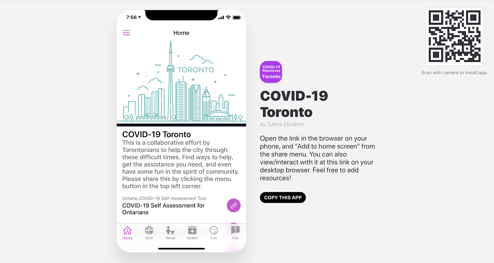 The Covid-19 Toronto app, designed by Zahra Ebrahim curates resources and information for Torontonians relevant to the pandemic.