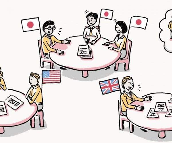 People from different countries working in groups