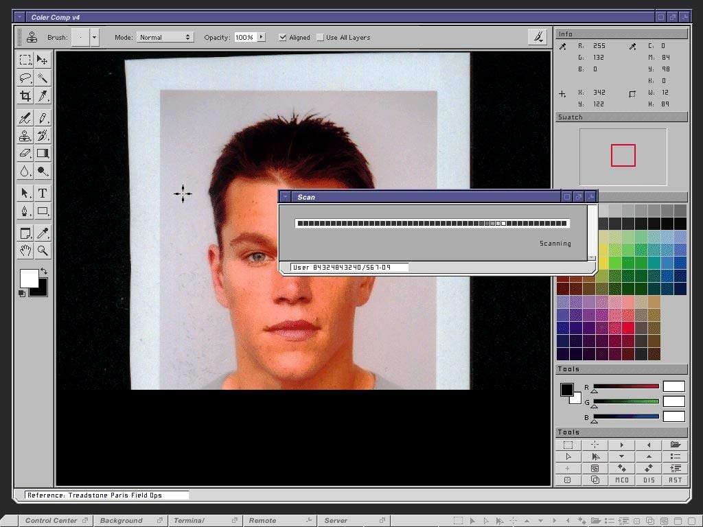 FUI from 2001's The Bourne Identity. Designer Mark Coleran said they modelled the UI off the Windows operating system, to make it familiar even though it present fictional technology.
