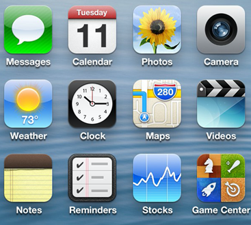 Examples of skeuomorphic icons on the Apple iOS interface. 