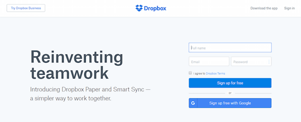 The previous version of Dropbox’s homepage features a good example of using negative space to make the primary CTA pop. The blue “Sign up for free” CTA stands out against the light blue of the background. 