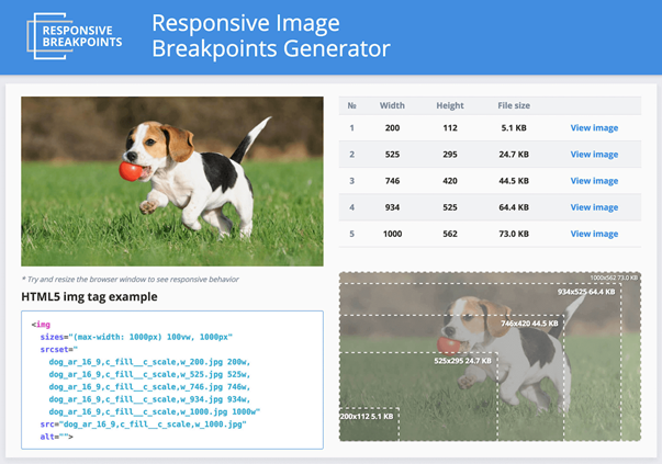 Responsive Image Breakpoints Generator helps you manage multiple sizes of images, enabling you to generate responsive image breakpoints interactively. 