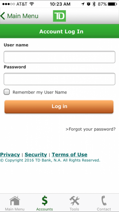  Example of TD Ameritrade login using links for CTAs in the bottom navigation.
