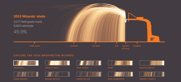 This detailed data visualization demonstrates the Washington Wizards' shooting success during the 2013 season. 