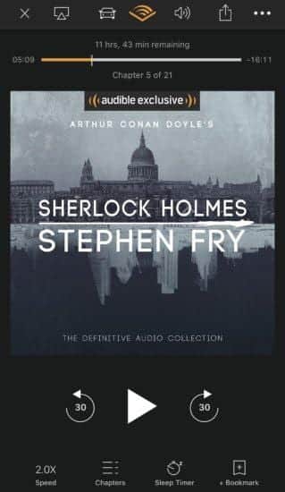  An example of a single item screen showing the audio book, Sherlock Holmes, by Stephen Fry. 