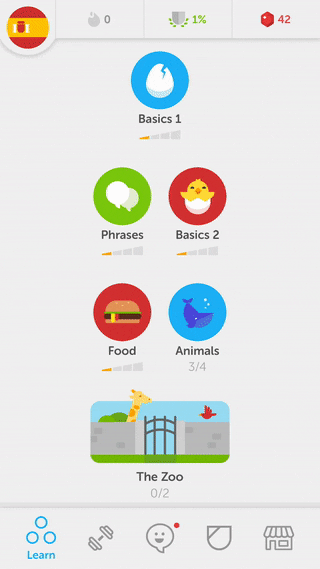  Gif of the app Duolingo scrolling through the sequence of steps one will go through during their language acquisitions experience with the app. 