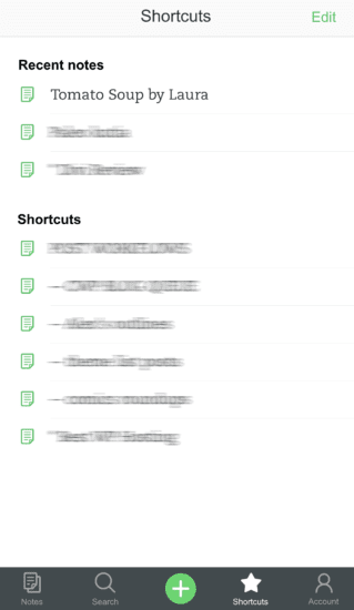  Screen shot of shortcuts in the Evernote app, which is a list of entries. 