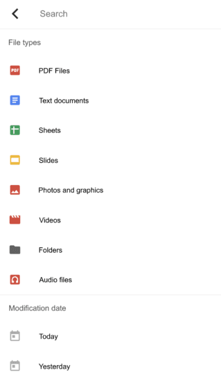  Screenshot of Google's search feature in Google Drive.