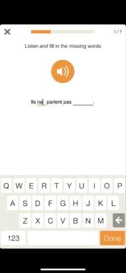  screenshot of Babbel's interface where a user listens to the word and types it into a sentence