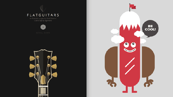 Left: graphic of guitar head
Right: graphic of hot dog with words 