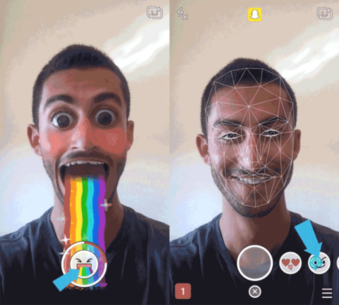  Snapchat uses facial recognition tools to allow users to insert cartoon emotions over their face.