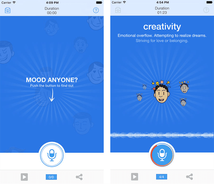  Screenshot of mobile app Moodies Emotions Analytics that registers a person's emotional state after they touch the screen. 