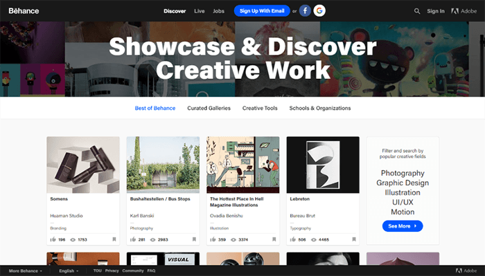  Screenshot of BeHance, where you can see a variety of designs. 