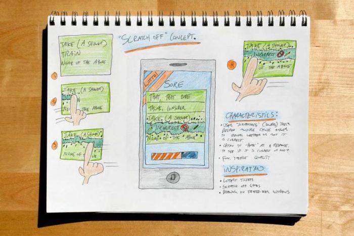  Notebook with cartoon sketches showing a user using their index finger interact with a screen.