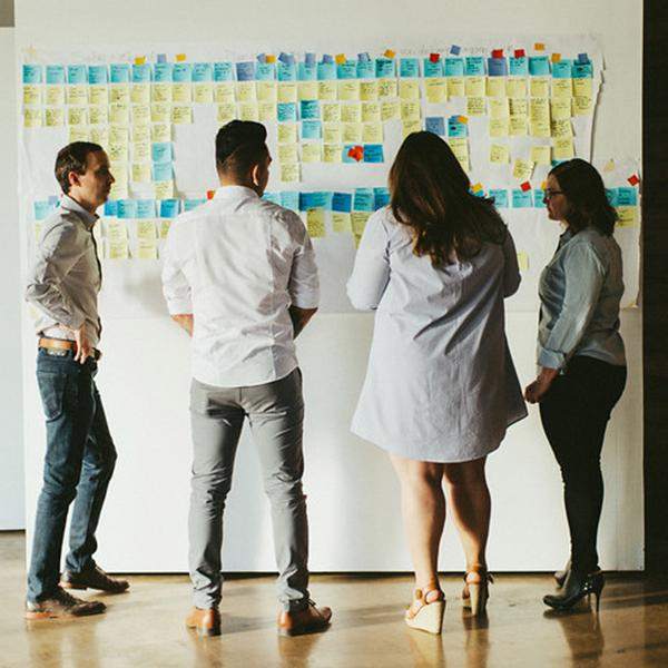  A cross-discipline team creating a redesign project roadmap that charts out each step in the project, and lets people map out areas of overlapping responsibility.