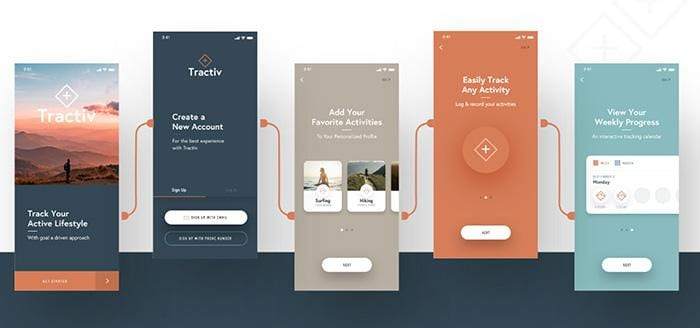 A render illustrating the workflow of the Tractiv fitness app ui kit for Adobe XD.