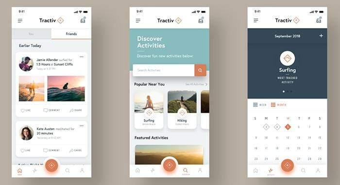 A render illustrating some of the social and functional features of the Tractiv fitness app ui kit for Adobe XD.